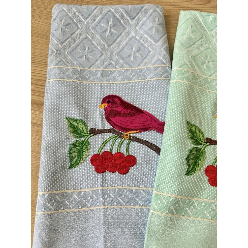 Embroidered Bird Cherry Guest Towels Set 3 Made Portugal Cotton